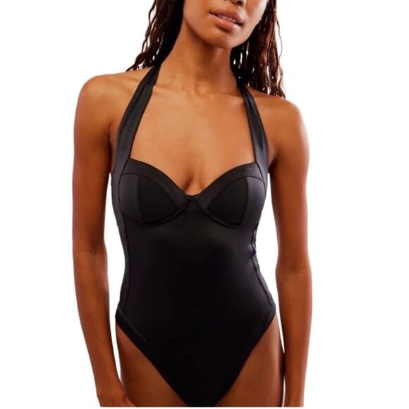 FREE PEOPLE x HAH One Pcs Swimsuit-Bodysuit Sz L Black Fairy Resort Romantic NWT - Picture 1 of 15